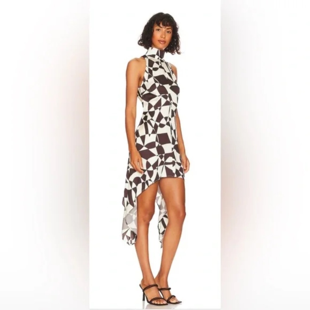NWOT L’Academie Lovisa Midi Dress Brown Ivory Geo print draped Revolve